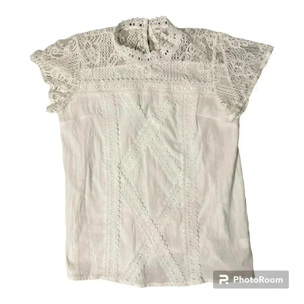 Women’s Cream Lace High Neck Blouse | Boho Crochet Short Sleeve Top | Size Small